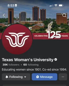 A screenshot of a TWU Facebook page with the cover photo as an image of campus with the 125th logo on it.