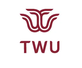 TWU logo mark and words TWU in white square
