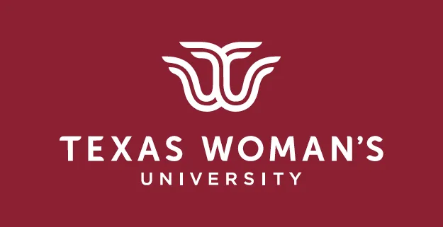 TWU logo mark and words Texas Woman's University in maroon box