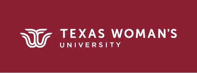 TWU logo mark and words Texas Woman's University in maroon box