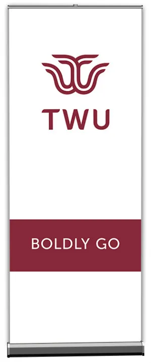 White TWU banner with words Boldly Go in a maroon band along the lower third of the banner