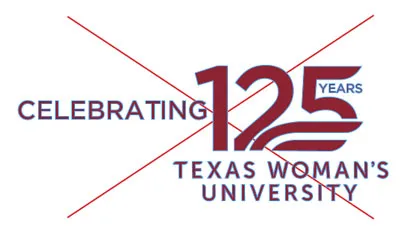 The 125th Anniversary logo with text moved around on the logo and a red X over the image to show not to do this.