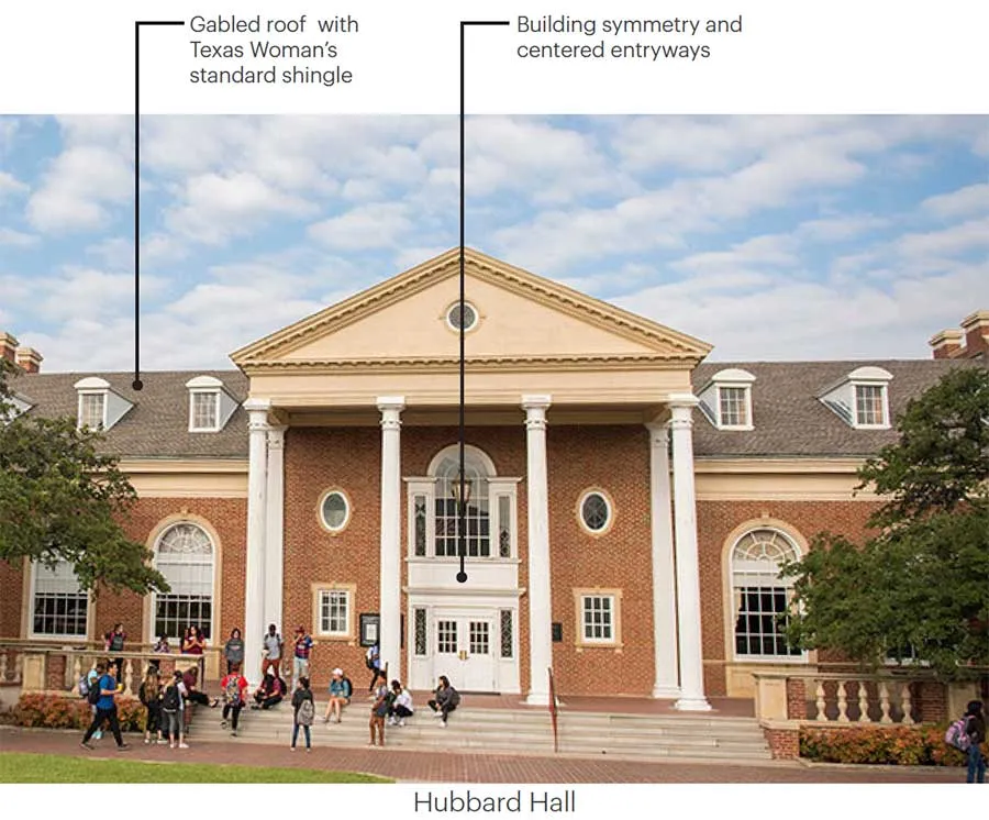 Hubbard Hall with the gabled roof, building symmetry and centered entryways pointed out.