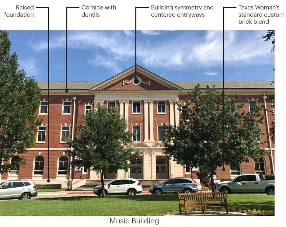 TWU's Music Building with the raised foundation, cornice with dentils, building symmetry and brick blend pointed out.