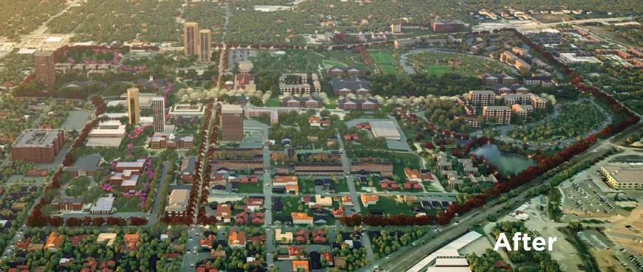 A rendered view of TWU's Denton campus skyline as the Master Plan anticipates it to look in the future.