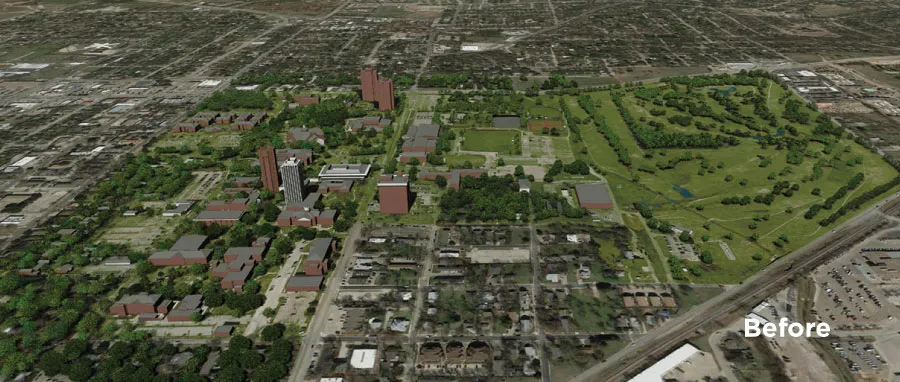 A rendered view of TWU's Denton campus skyline as it looks today.