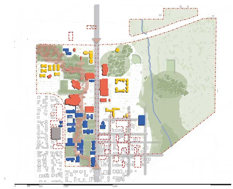 A map of TWU's Denton campus today with blue labels for Academic, orange for Community, yellow for Residential and gray for Other building labels. 
