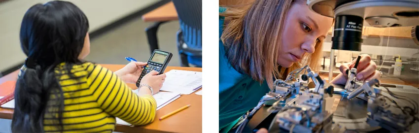 Mathematics and engineering students at work in their respective labs. 
