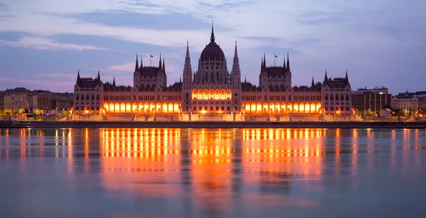 Photo of the Hungarian Parliament Building at sunset 