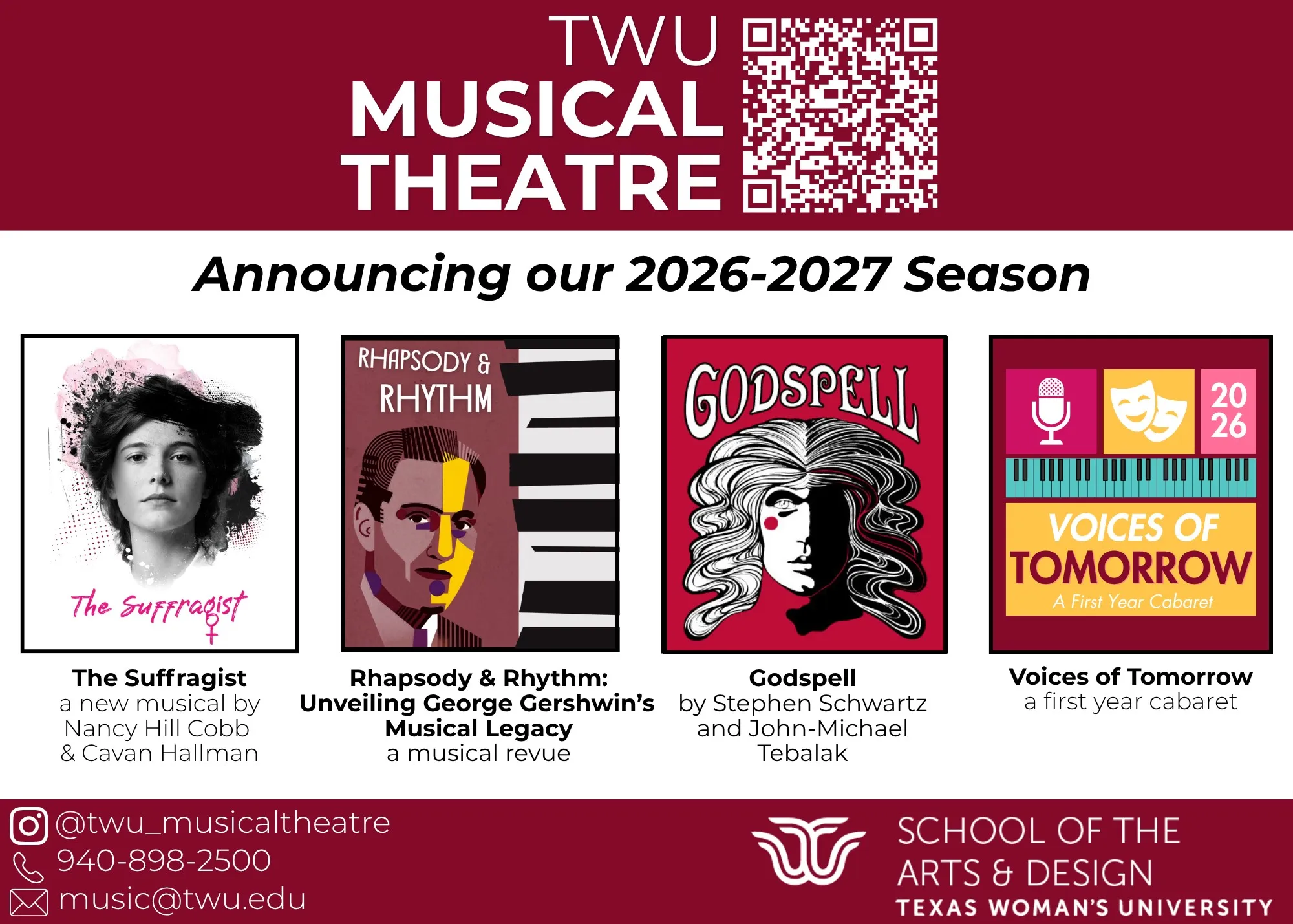 Postcard with 4 logos for shows: The Suffragist, Rhythm & Rhapsody, Godspell, Voices of Tomorrow 