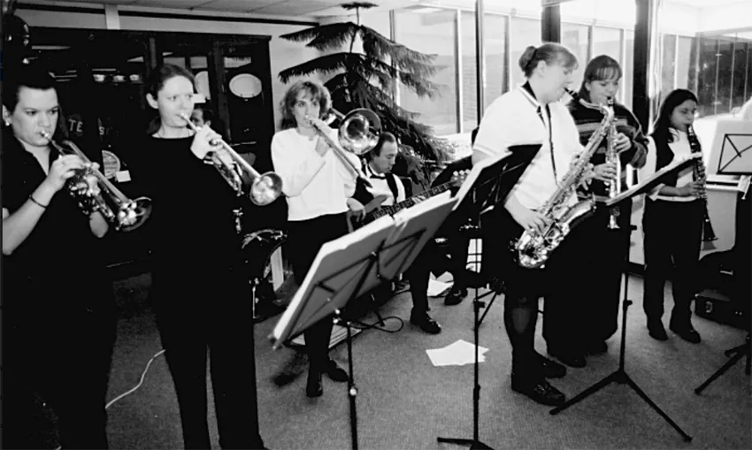 Black and white photo of the TWU Band. 