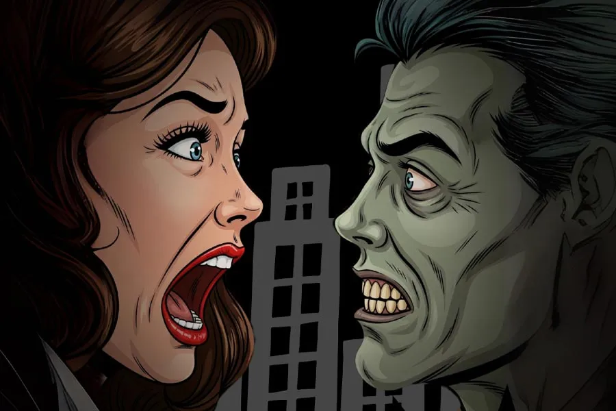 A woman screaming at a Zombie