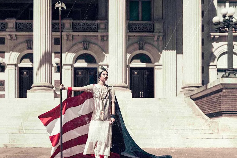 A woman dressed as a gladiator at the US capitol.