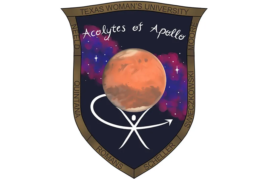 TWU team mission patch designed by TWU graphic design major Skyler Brasuell. The patch reads 'Acolytes of Apollo' with a star field background and a red planet in the center.