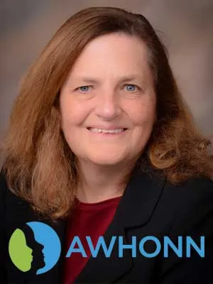 Profile photo of Linda Merritt with AWHONN logo