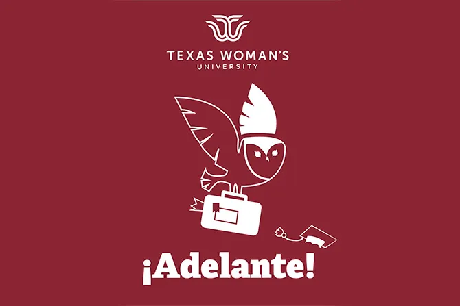 TWU logo with a picture of an owl carrying a suitcase in its claws with text below that says ¡Adelante!