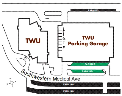 drawing showing the areas where visitors may park outside of the Dallas TWU campus building 