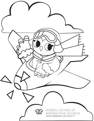 A coloring sheet of Oakley in an airplane among the clouds.