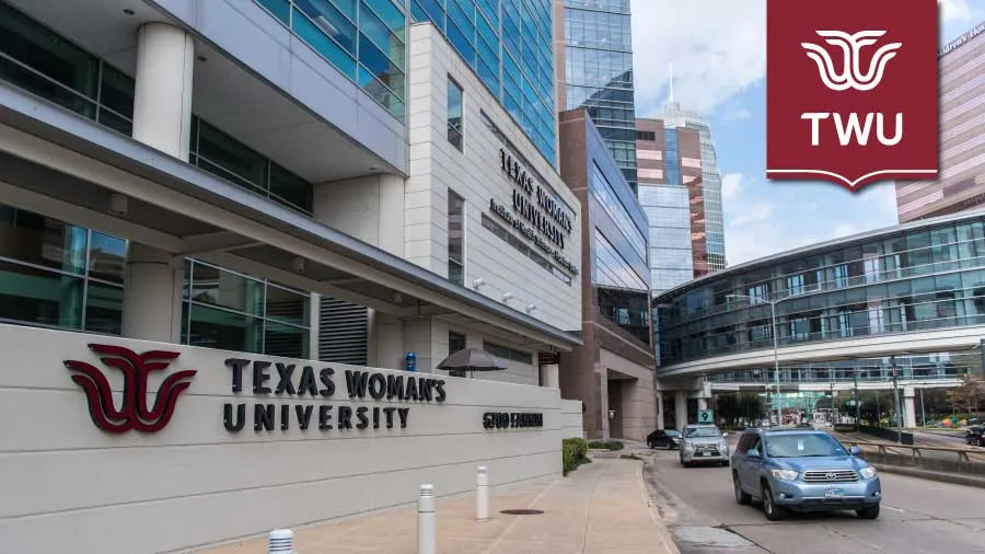 The Houston campus on a sunny day with a TWU logo banner in the top right.