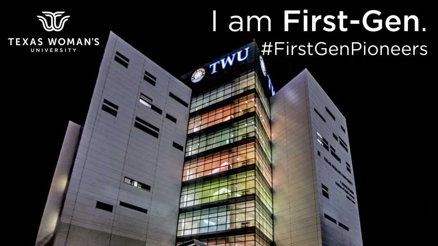 The TWU Dallas campus at night with #FirstGenPioneers text.