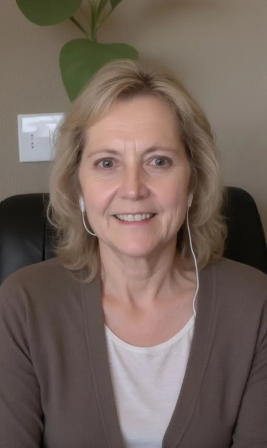 woman with short blonde hair and brown blazer smiles directly at camera in an office