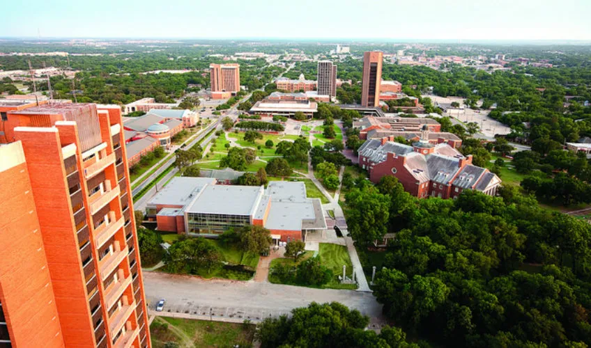 Aerial view of Texas Woman's University in Denton, Texas. 