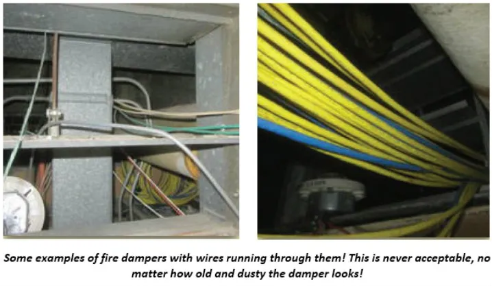 Two examples of fire dampers with wires running through them improperly.  
