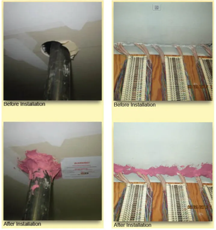 Two before and after photos on installation. One with a pipe going through the ceiling not sealed and the other properly sealed. The other example is the same with wires going through the ceiling sealed and unsealed.  