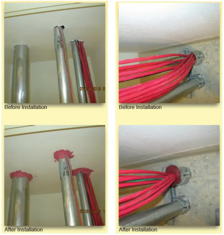 Two before and after installation photos with wires and pipes going through the wall sealed and unsealed. 
