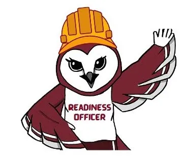 TWU's owl mascot, Oakley, wearing a hardhat and tank top that reads: Readiness Officer waving to the reader 