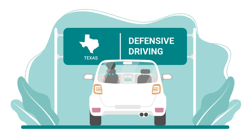 Graphic of a white car driving under a green highway sign with white writing. The left-hand side of the sign has a white cutout of the shape of the state of Texas with 