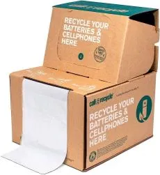 Picture of a brown battery recycling box with attached baggies for battery and cell phone recycling.