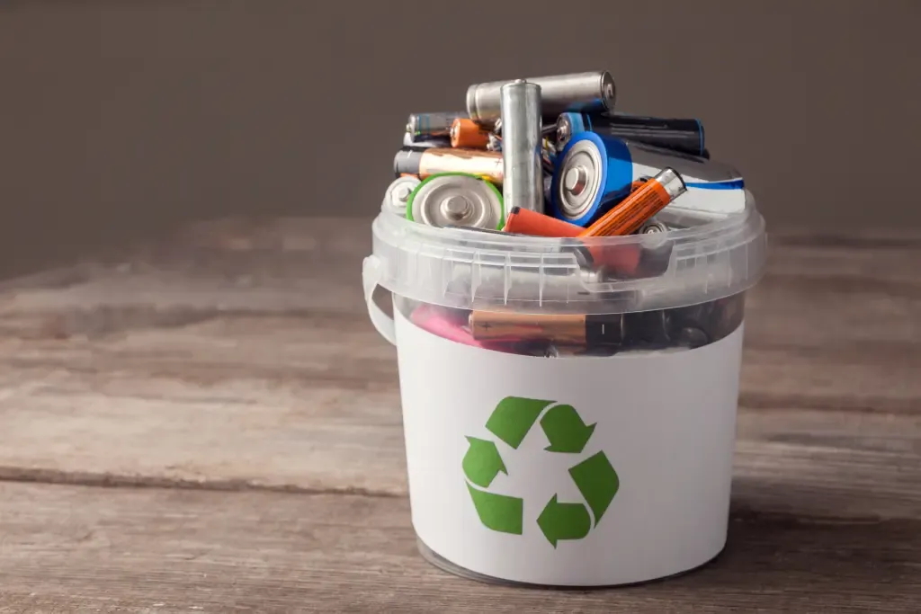 Picture of a clear bucket with a recycling label filled with batteries with a wooden plank floor background.