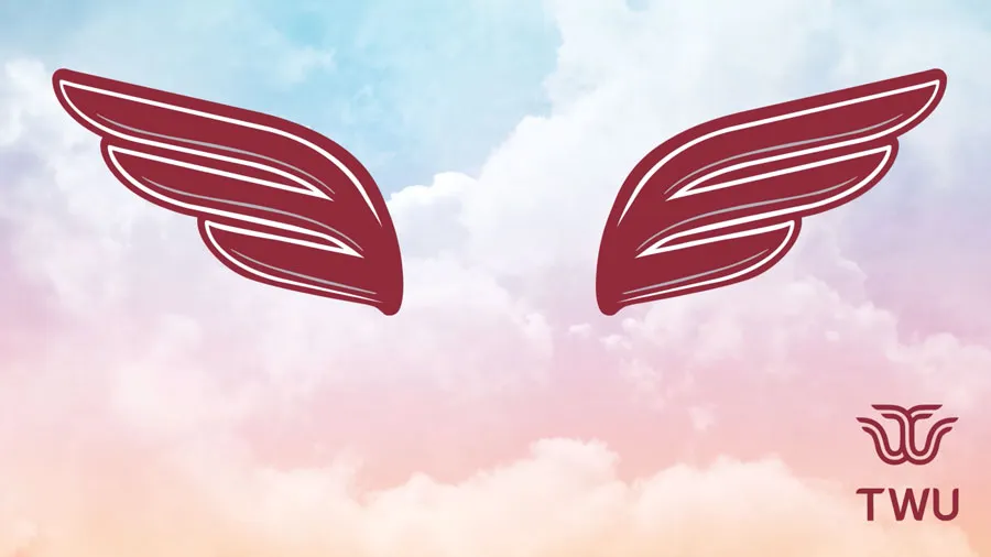 A cloud background with maroon owl wings and the TWU logo.