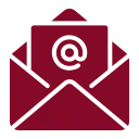 Maroon icon of an open envelope with an email symbol inside, representing email or electronic communication.