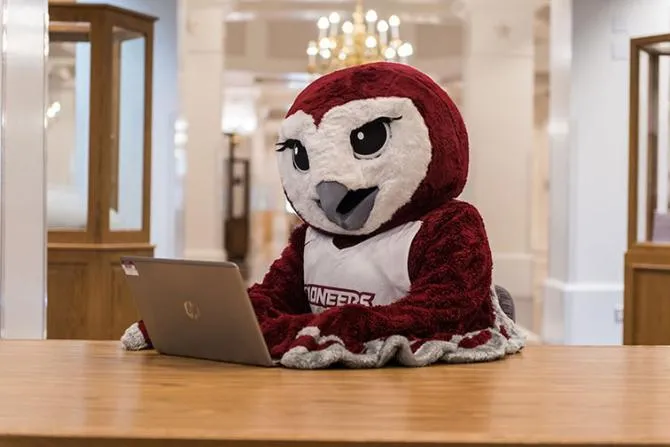 TWU mascot Oakley using a laptop in the library