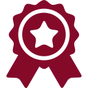 Maroon icon of an award ribbon with a star in the center, representing achievement or quality recognition.