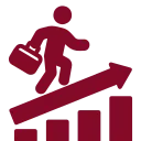 Maroon icon of a person carrying a briefcase and climbing upward on a bar graph with an arrow, symbolizing career or professional growth.