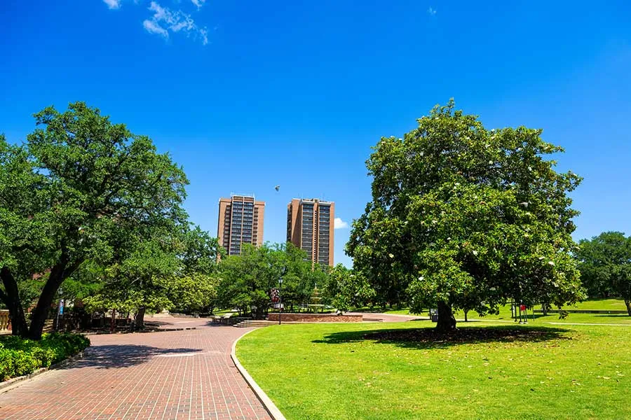 The TWU Denton campus mid-afternoon with Guinn and Stark Halls in the background