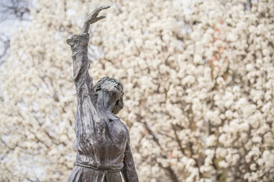 TWU's She Gave Us Wings sculpture stretches an arm toward the sky against a background of white blossomed trees in full bloom.