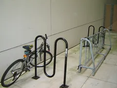 Bicycle locked to bicycle rack on the TWU Houston campus