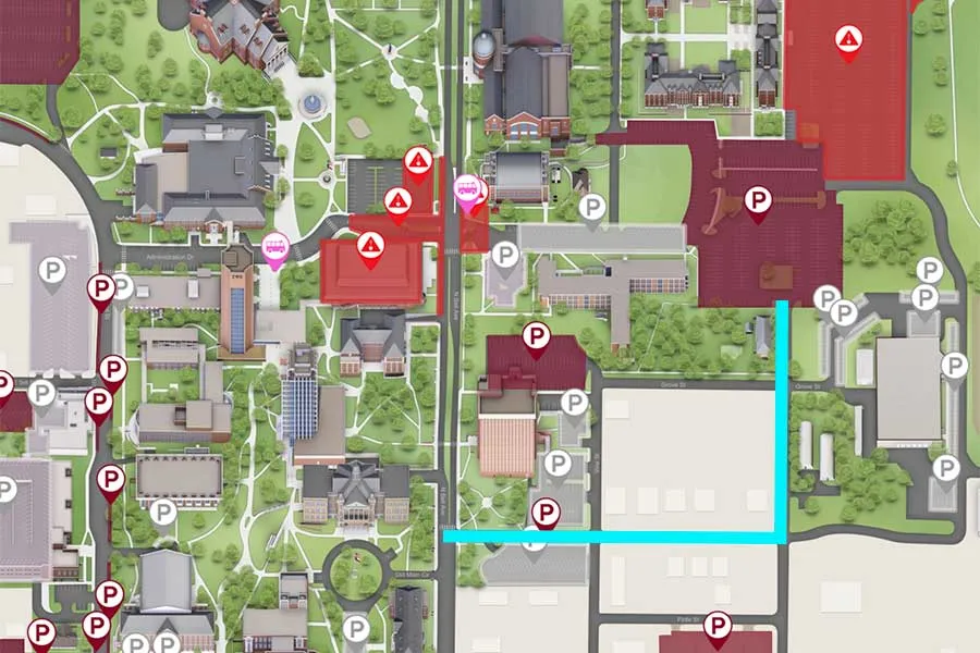 Map of the Denton campus illustrating construction and alternative routes to the Jones parking lot