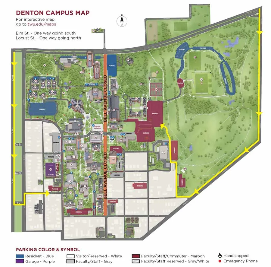Map of the 51���� Denton campus showing the location of the Bell Avenue road closures