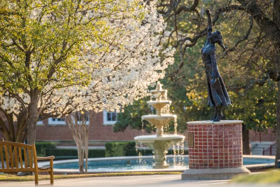 Statue on campus by fountain