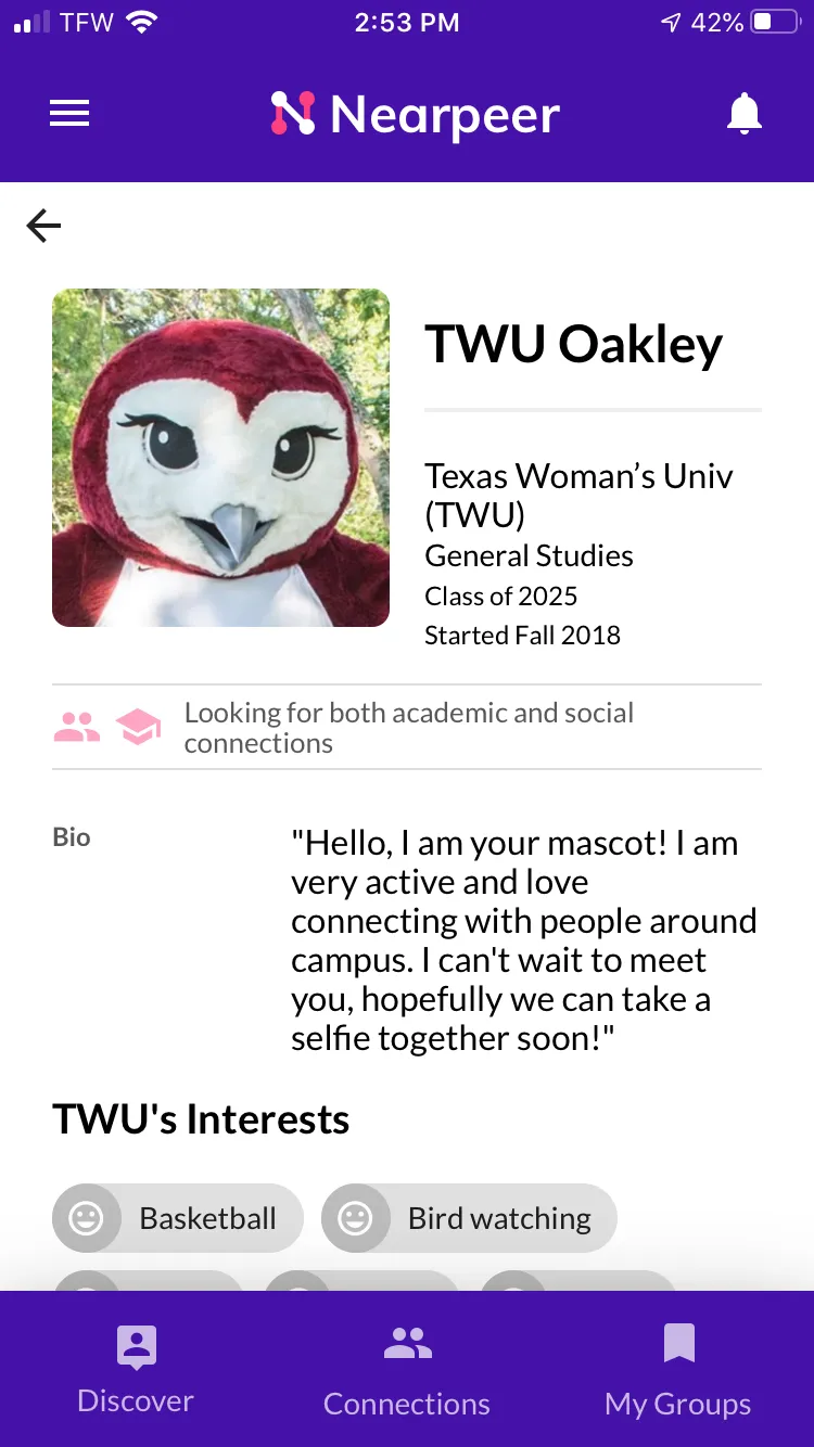 Nearpeer sample profile screen of the TWU mascot Oakley
