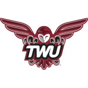 Athletics logo, owl holding TWU