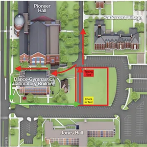 A map of the TWU Denton campus showing the location of Covid-19 testing areas