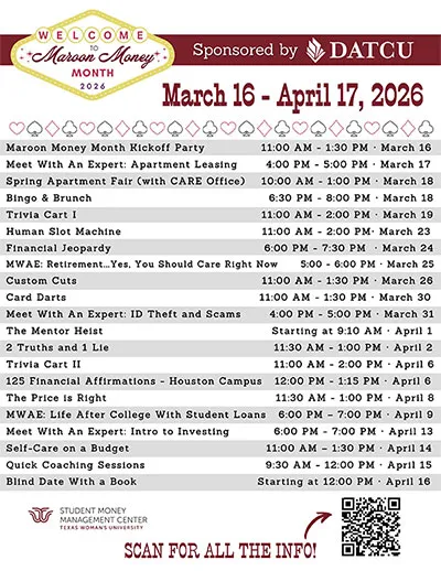 A listing of events for Maroon Money Month, also found in upcoming events page text