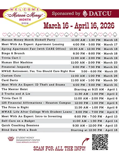 A listing of events for Maroon Money Month, also found in upcoming events page text