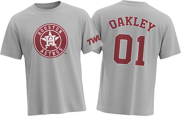 Gray 2025 TWU Astros shirt with the Houston Astros logo on the front and 